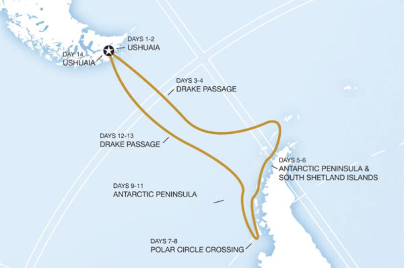 Map of the route for Quest for the Antarctic Circle