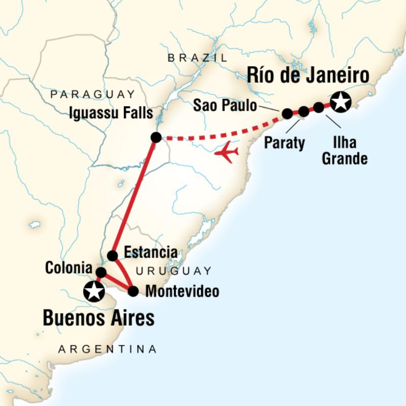 Route map for In Search Of Iguassu - Rio de Janeiro to Buenos Aires (JRB)