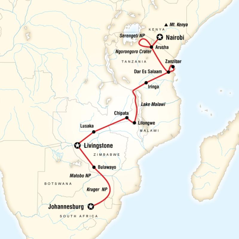 2013 map of Nairobi to Joburg Overland