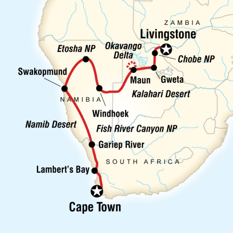 Map of the route for Cape Town to Victoria Falls Adventure