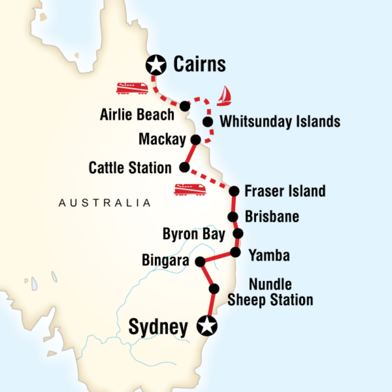 Route map for Most of the Coast—Sydney to Cairns (OASC)