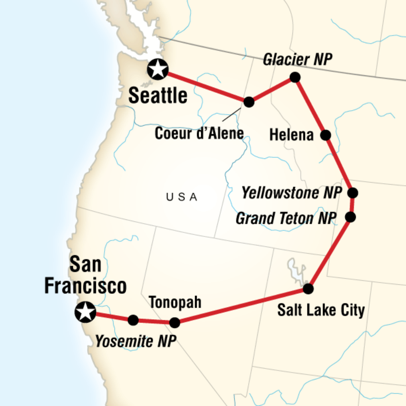 Map of the route for Camping Yosemite & Yellowstone