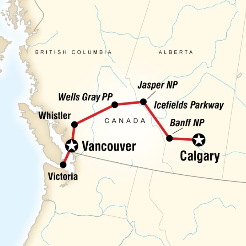 Map of the route for Canadian Rockies Trail