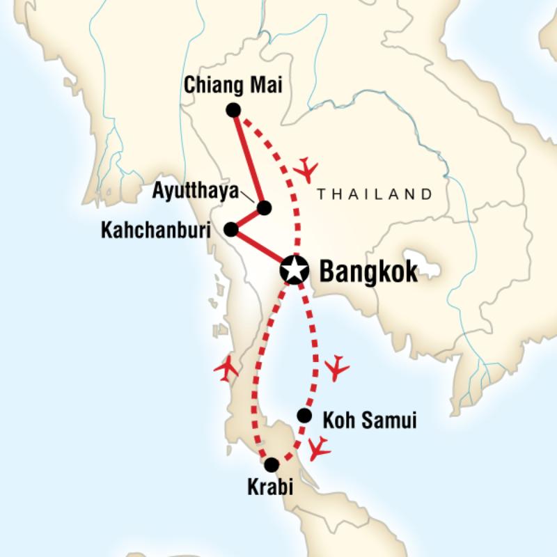 Route map for North & South Thailand Highlights (ATTH)