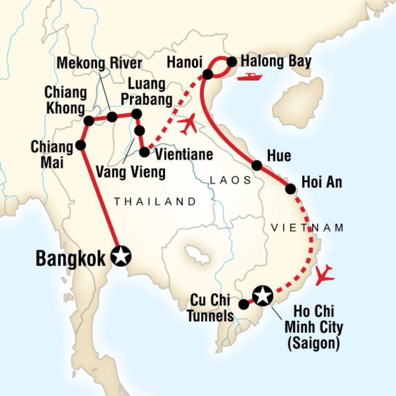 Map of the route for Thailand, Laos and Vietnam Adventure