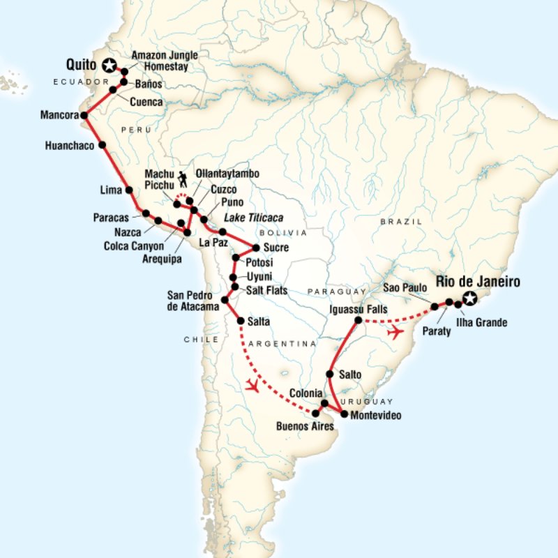 Map of the route for The Great South American Journey - Quito to Rio Adventure