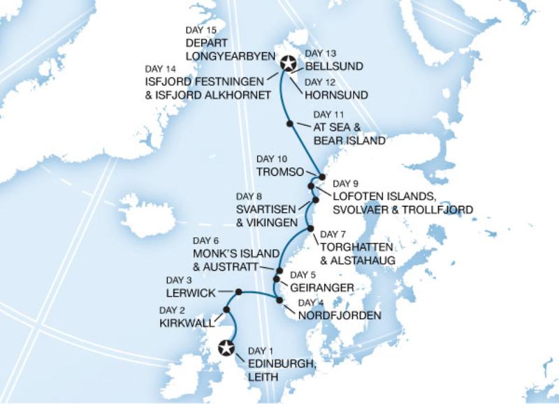 Map of the route for Norwegian Fjords