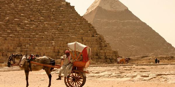 A horse and buggy sits outside the temples in Egypt.