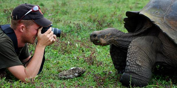 Man photographing a turtle in Galapagos West Islands