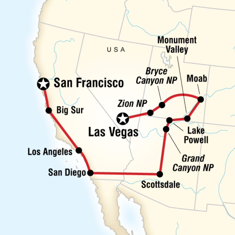 Map of the route for Canyon Country & Coasts