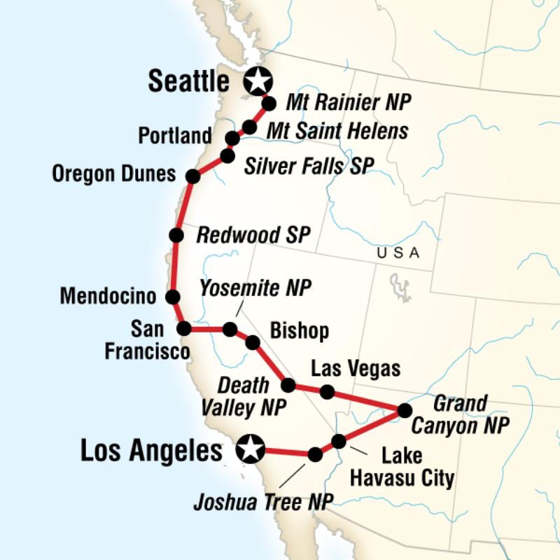 Route map for Southwestern Deserts & Pacific Forests (NUAS)