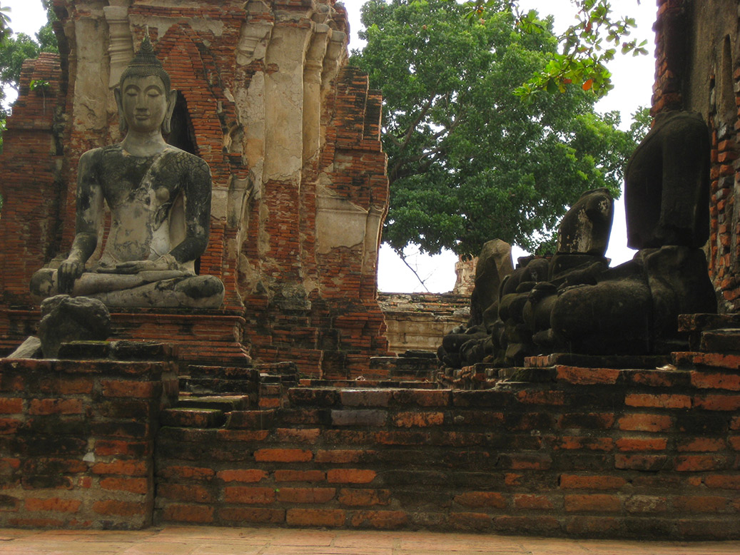 Hundreds of Buddha statues are embedded in the ruins at Ayutthaya.