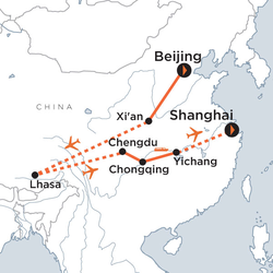 Route map for China & Tibet Cultural Journey (ACCTD)