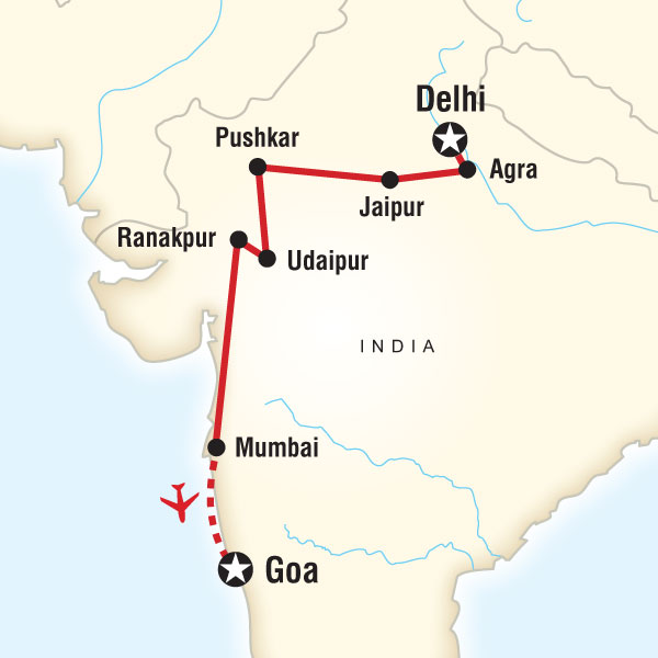 Route map for Uncover India—Delhi to Goa (AHUH)