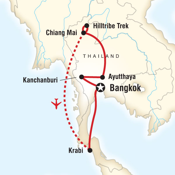 Route map for Thailand Hike, Bike & Kayak (ATHB)