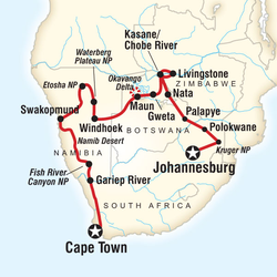Route map for Cape Town to Johannesburg Overland (DACJ)