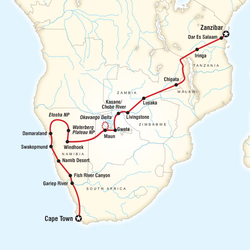 Route map for Cape Town to Zanzibar Overland (DACZ)