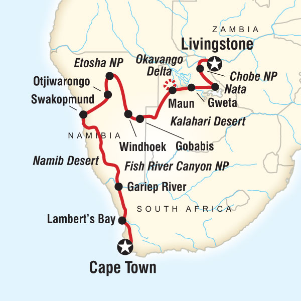 Route map for Dunes, Deltas & Falls Discoverer (DAFD)