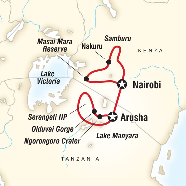 Route map for Kenya & Tanzania Camping Safari (DKTW)