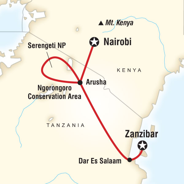 Route map for Zanzibar to Nairobi Adventure (DTZN)