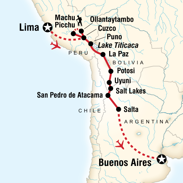 Route map for Bolivia Crossing—Lima to Buenos Aires (SXMB)