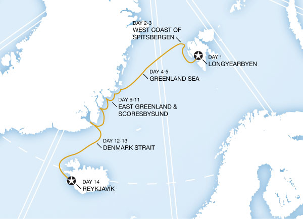 Route map for Arctic Highlights and Polar Bears (XVAHNX)