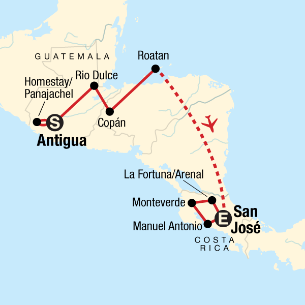 Map of the route for Volcano Adventure – Antigua to San José