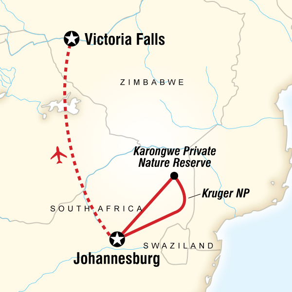 Map of the route for Kruger & Falls