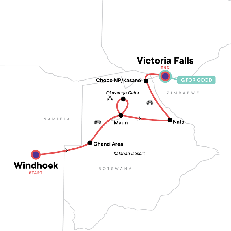 Map of the route for Delta & Falls Eastbound: Baobab Trees & River Views