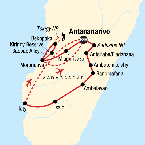 Map of the route for Ultimate Madagascar Adventure