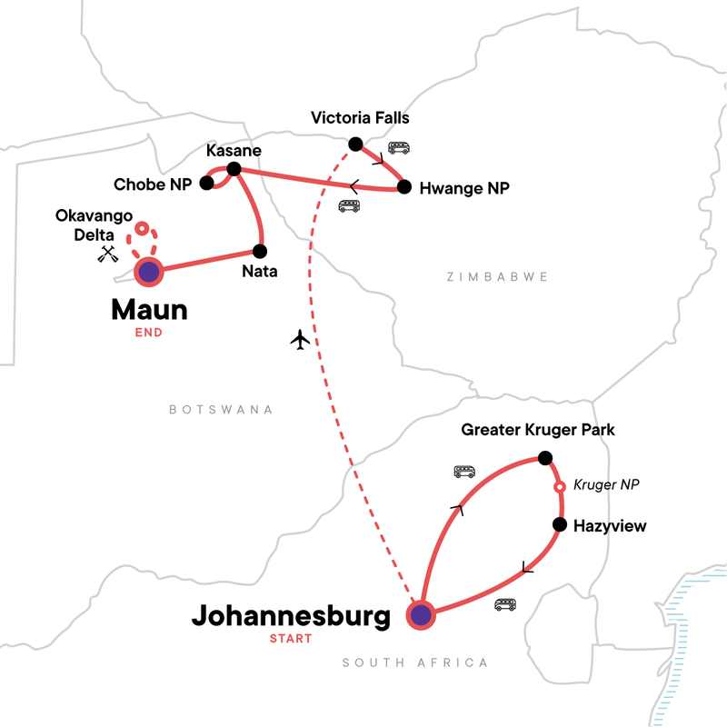Map of the route for Ultimate African Safari: Kruger, Hwange, Chobe, & the Okavango Delta