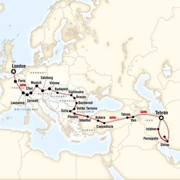 Map of the route for London to Tehran by Rail