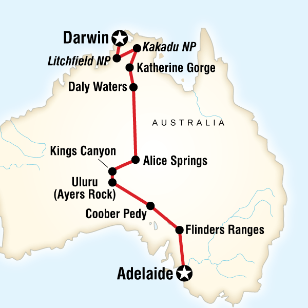 Map of the route for Australia North to South – Darwin to Adelaide