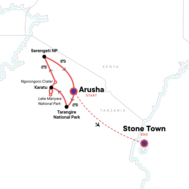 Map of the route for Incredible Tanzania: Serengeti to Zanzibar