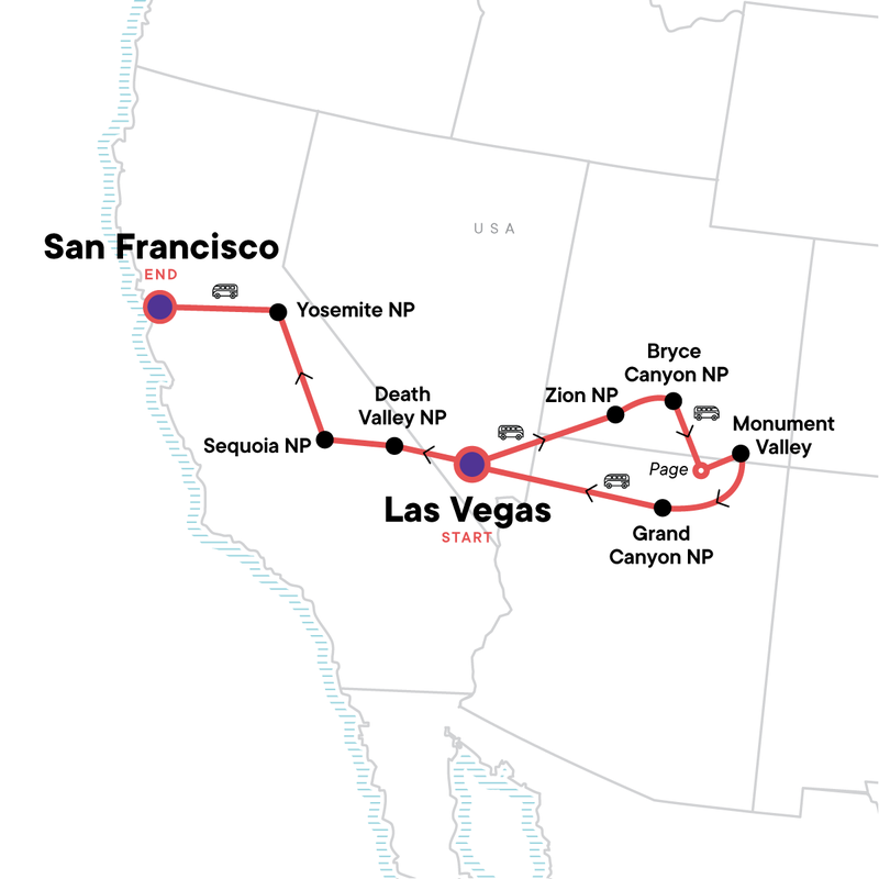 Map of the route for Zion to San Francisco Adventure