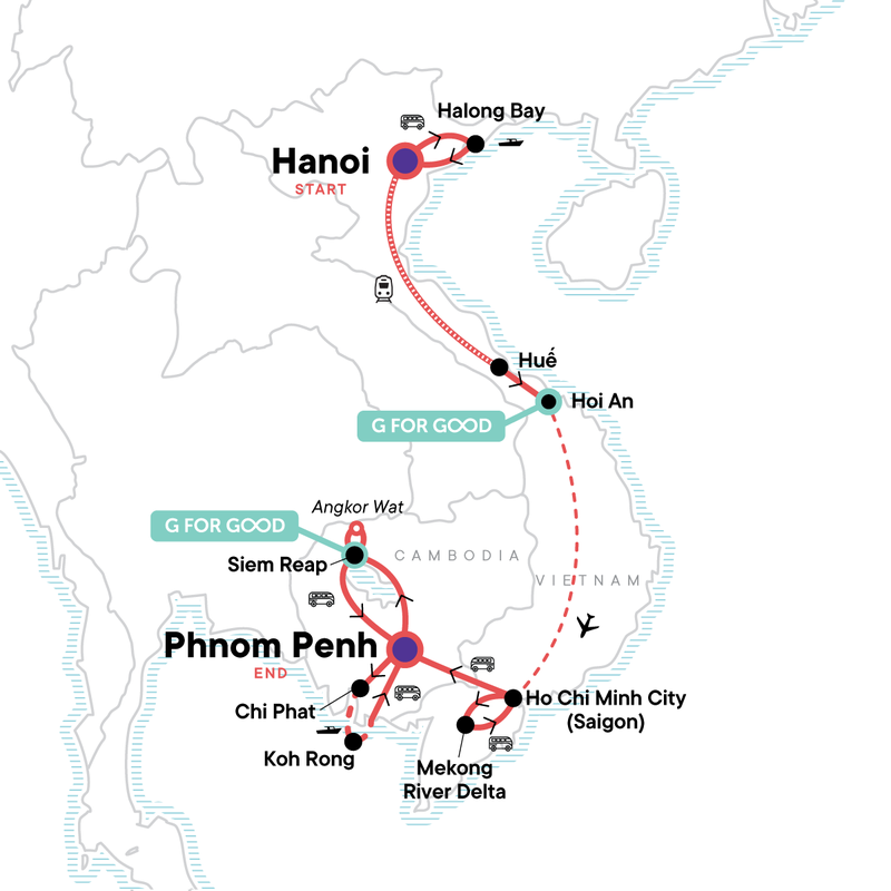 Map of the route for Solo-ish Vietnam & Cambodia