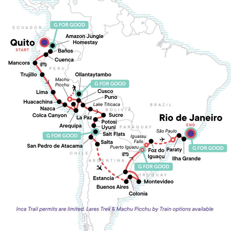 Map of the route for The Great South American Journey: Quito to Rio Adventure