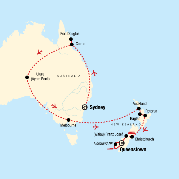 Map of the route for Explore Australia & New Zealand