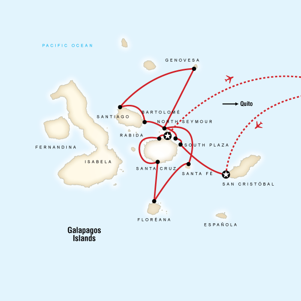 Map of the route for Galápagos — North & Central Islands aboard the Evolution