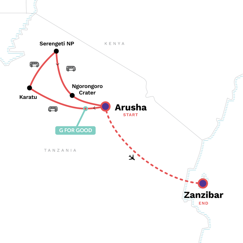 Map of the route for Tanzania & Zanzibar: The Serengeti, Ngorongoro Crater & Island Shores
