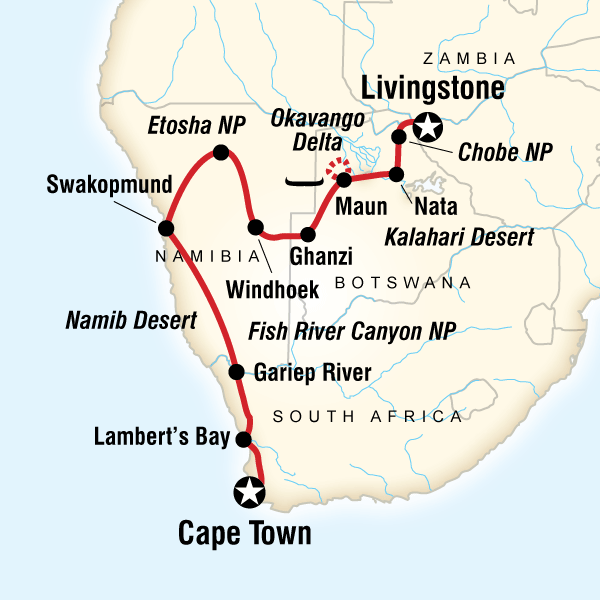 Map of the route for Cape Town to Victoria Falls Adventure