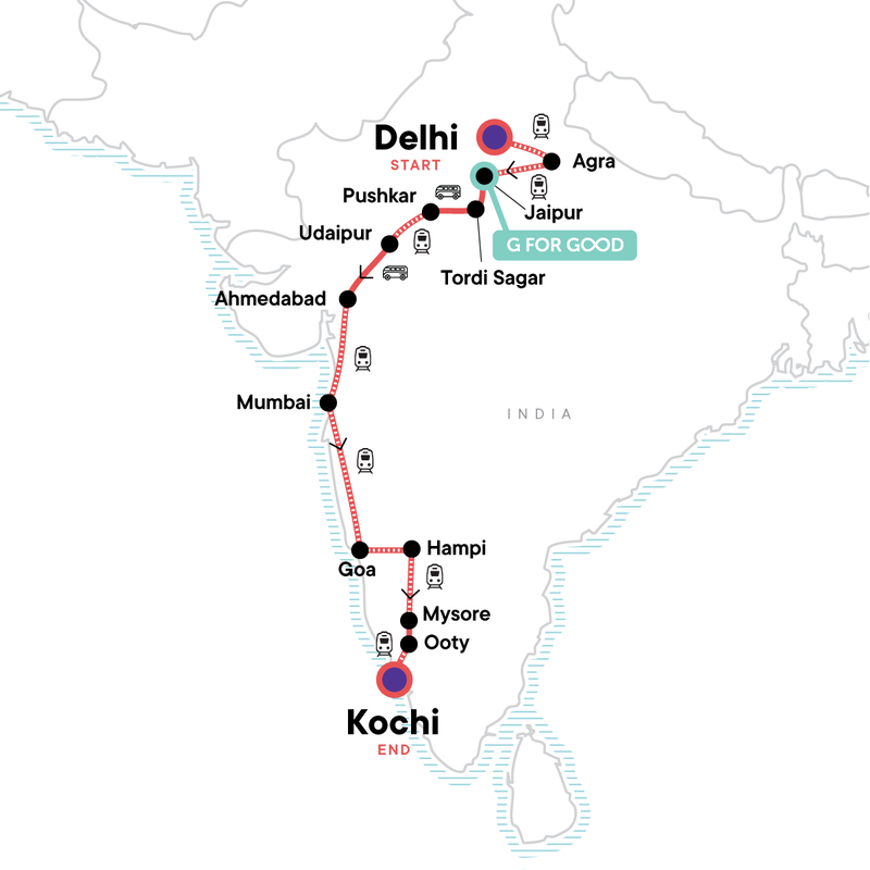 Map of the route for Delhi to Kochi: Hampi Ruins & The Taj Mahal