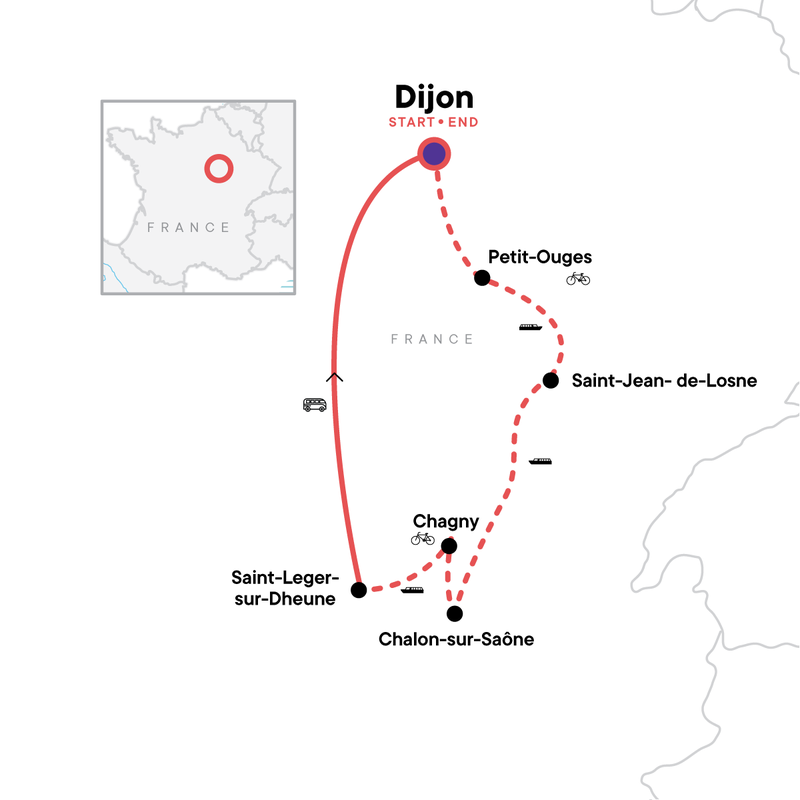 Map of the route for Burgundy River Cruise Adventure