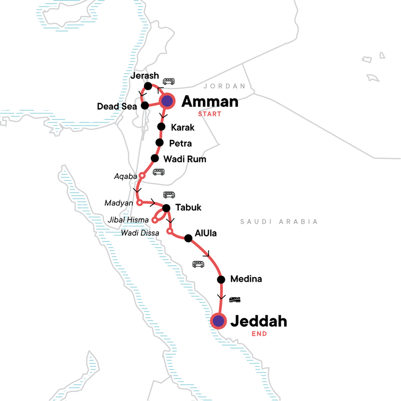 Map of the route for Explore Jordan & Saudi Arabia: Ancient Trade Routes