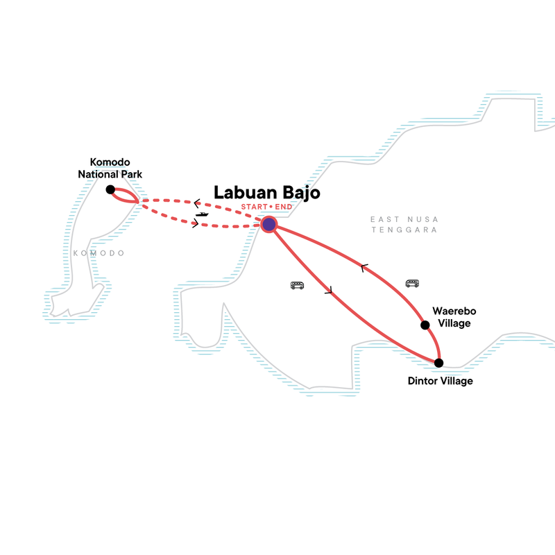 Map of the route for Flores Frontier: Jungles, Villages & Komodo Quests
