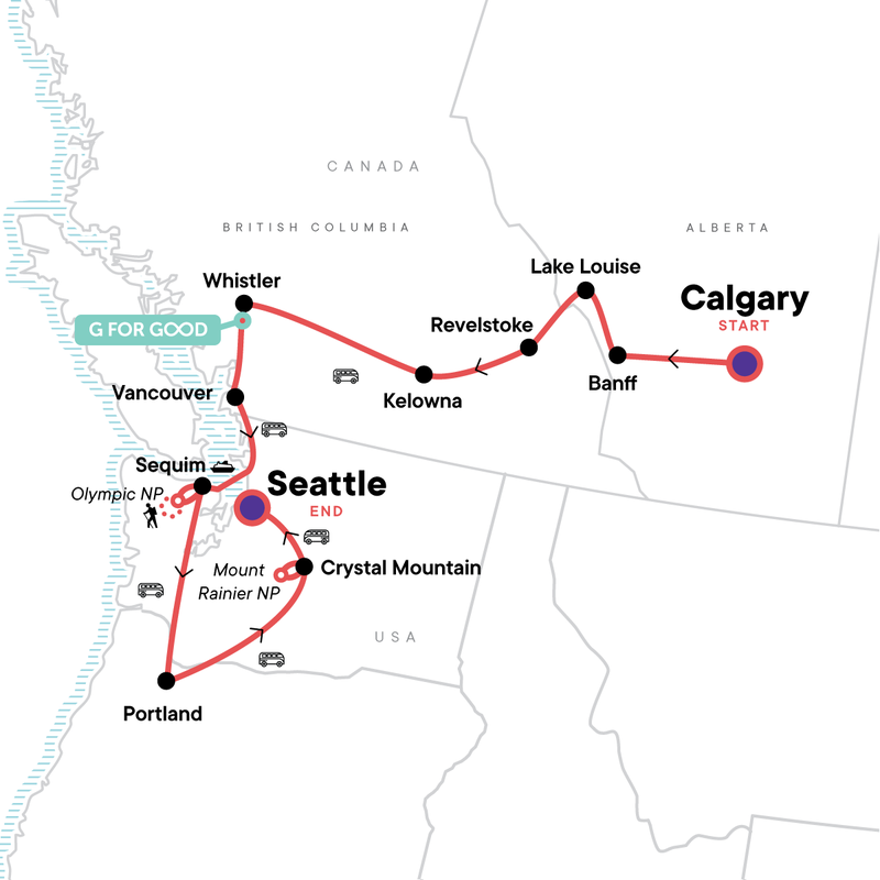 Map of the route for Canadian Rockies & Pacific Northwest Adventure