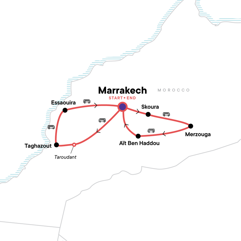 Map of the route for Morocco: Deserts & Beaches