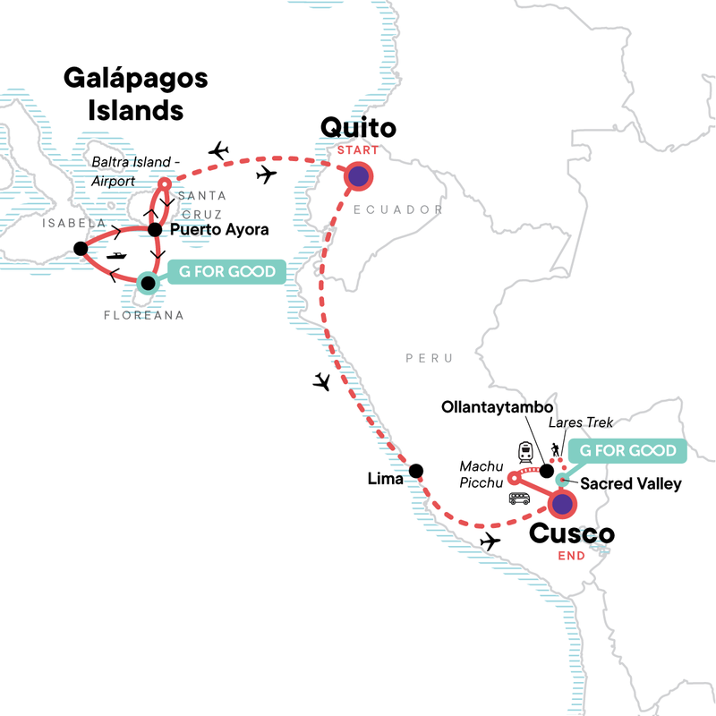 Map of the route for Active Galápagos & Machu Picchu