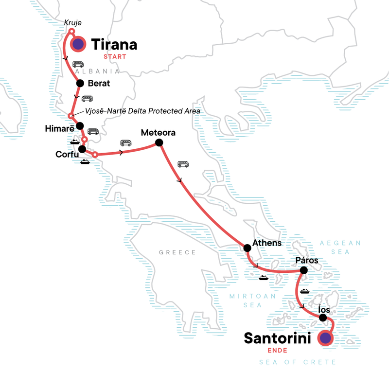 Map of the route for Tirana to Santorini: The Albanian Riviera & Iconic Greek Islands