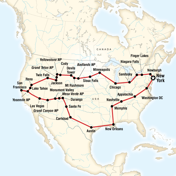 Map of the route for Best of the USA Tour–New York to New York